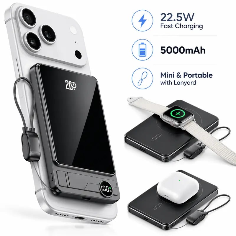 🔋 5000mAh Magnetic Portable Power Bank – 20W Fast Charging Wireless Charger with Built-In USB-C Cable, Foldable Stand & LED Battery Display for iPhone & USB-C Devices