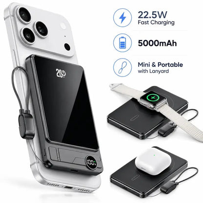 🔋 5000mAh Magnetic Portable Power Bank – 20W Fast Charging Wireless Charger with Built-In USB-C Cable, Foldable Stand & LED Battery Display for iPhone & USB-C Devices