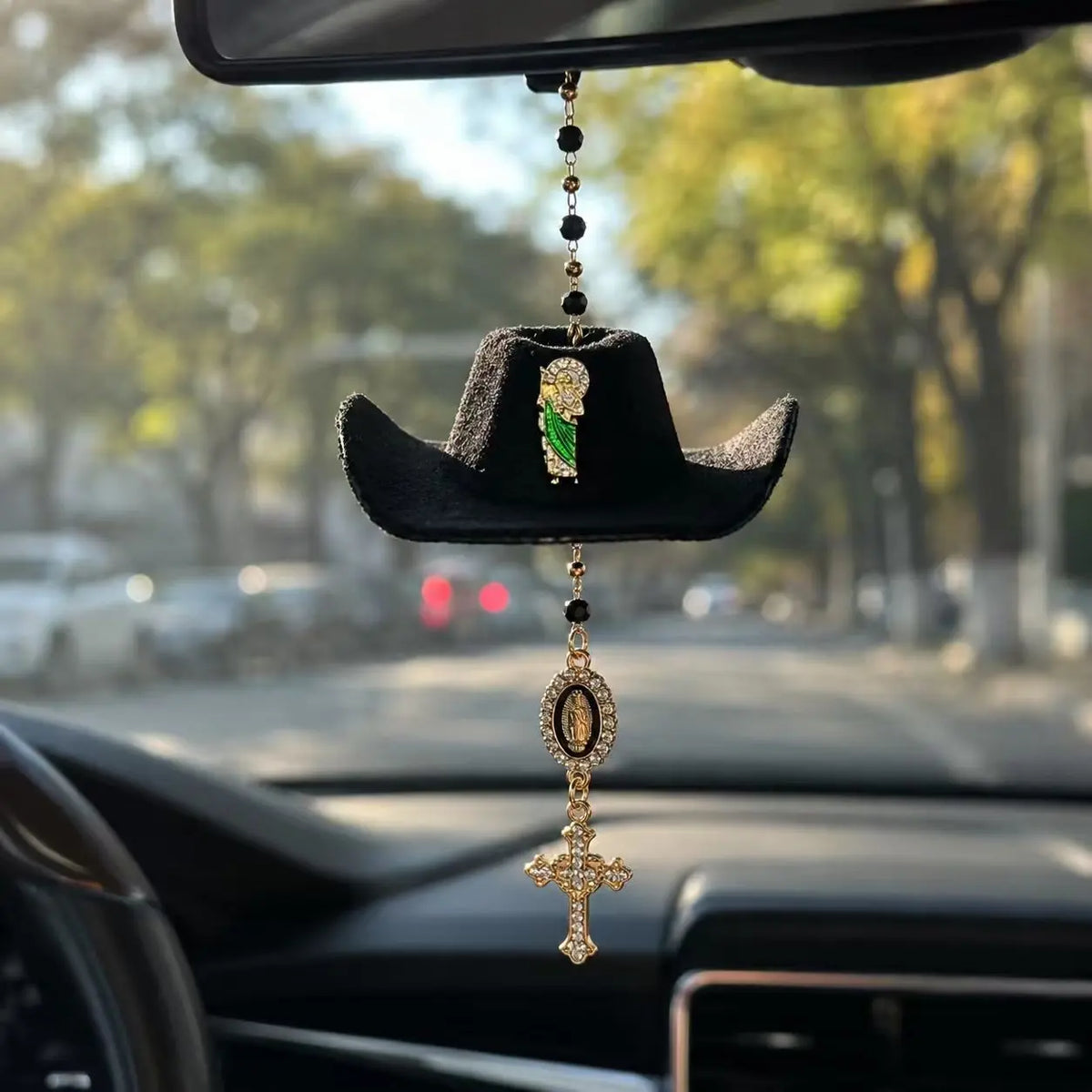 St. Jude Car Blessing Charm – Handmade Protection Ornament with Black Sombrero | Car Trinket & Decoration Gift