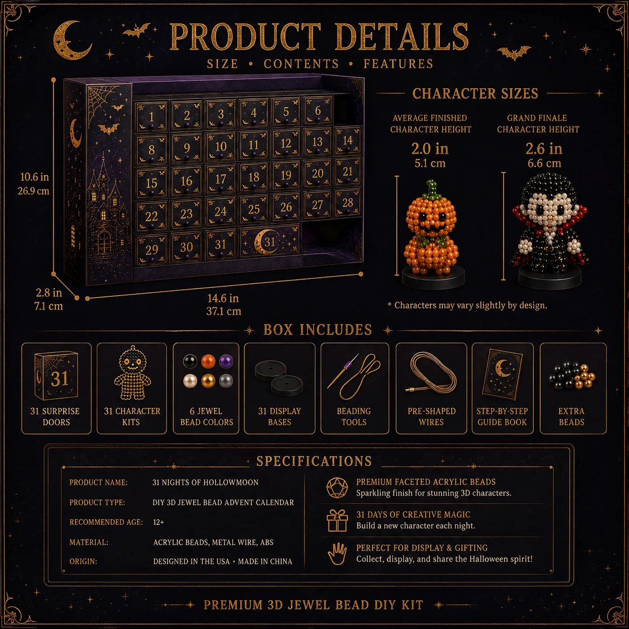 🔥 LAST DAY 49% OFF – 🎃 Hollowmoon 31-Night Jewel-Bead Countdown Calendar | 31 Daily DIY Characters, Complete Craft Supplies & Midnight Parade Display 💎✨