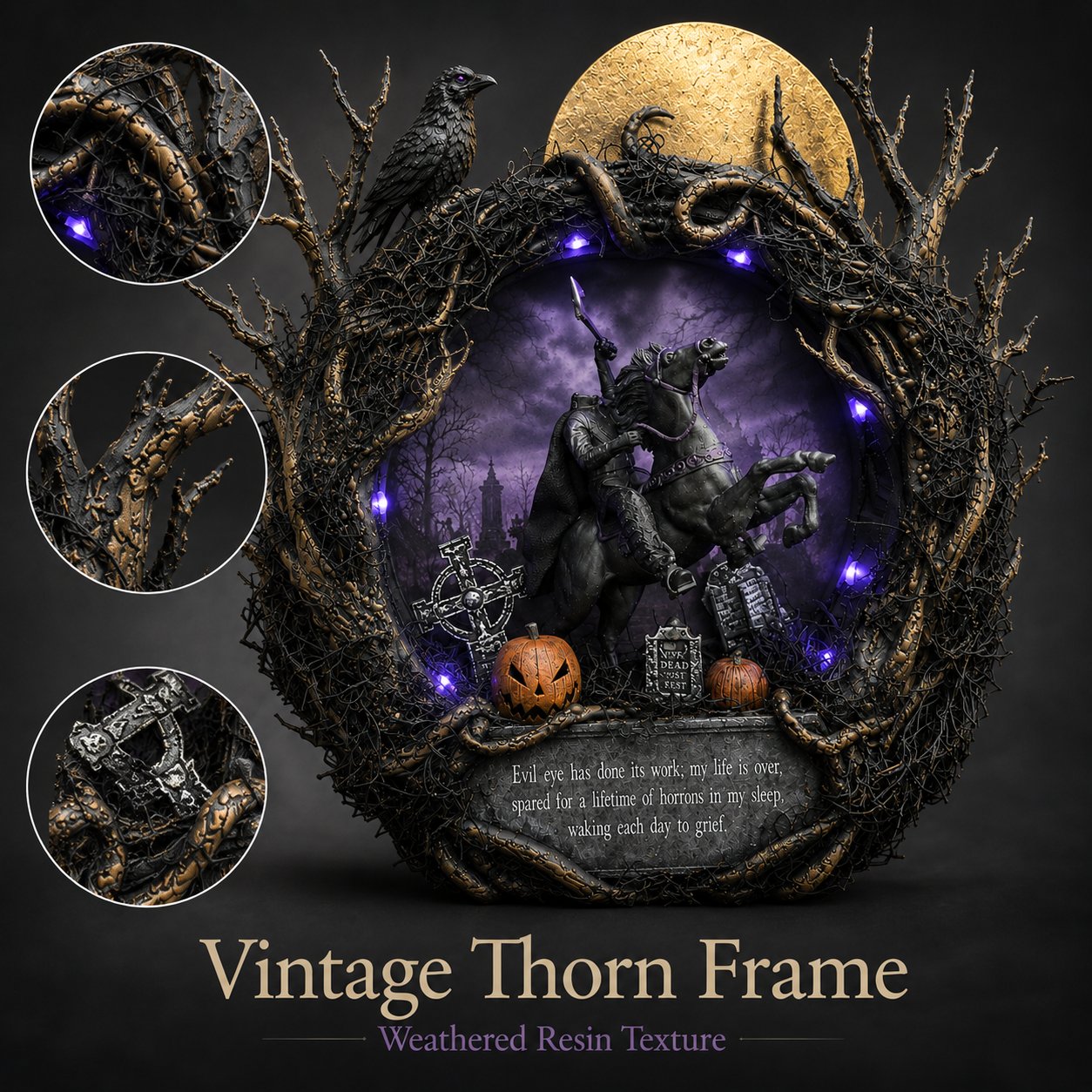🦇Gothic Handcrafted Headless Horseman Mini Wreath With LED Purple Lights🎃