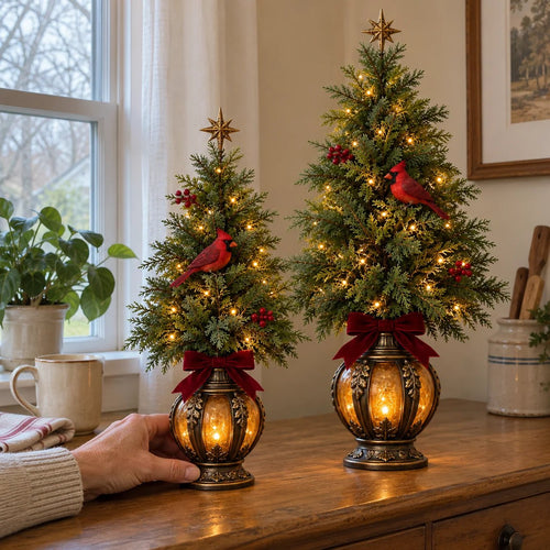 Pair of Cardinal Glow Trees in two sizes with warm lights, red cardinals, burgundy bows and lantern bases