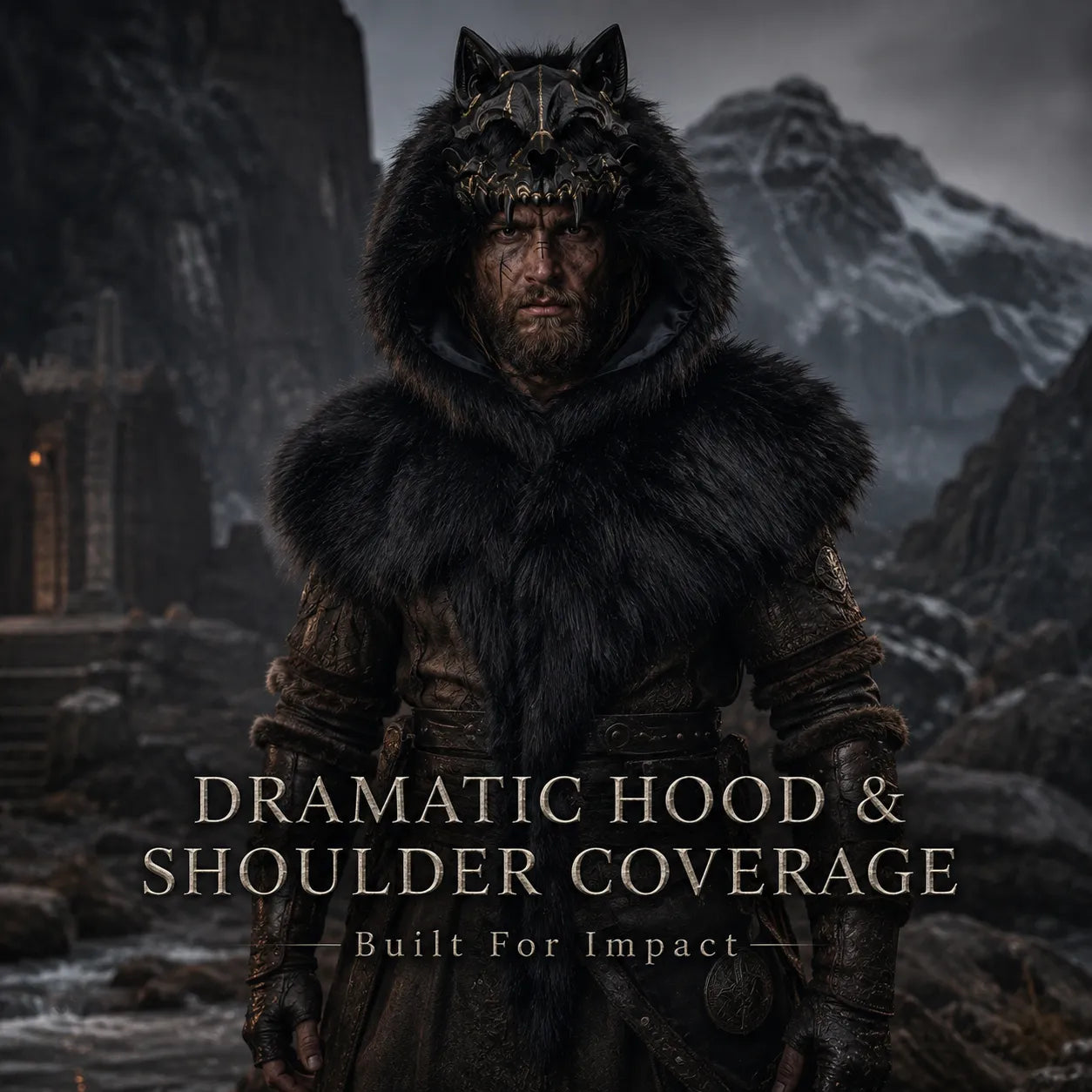 🐺 Viking Wolf Skull Faux Fur Hooded Cape – Halloween Cosplay Costume