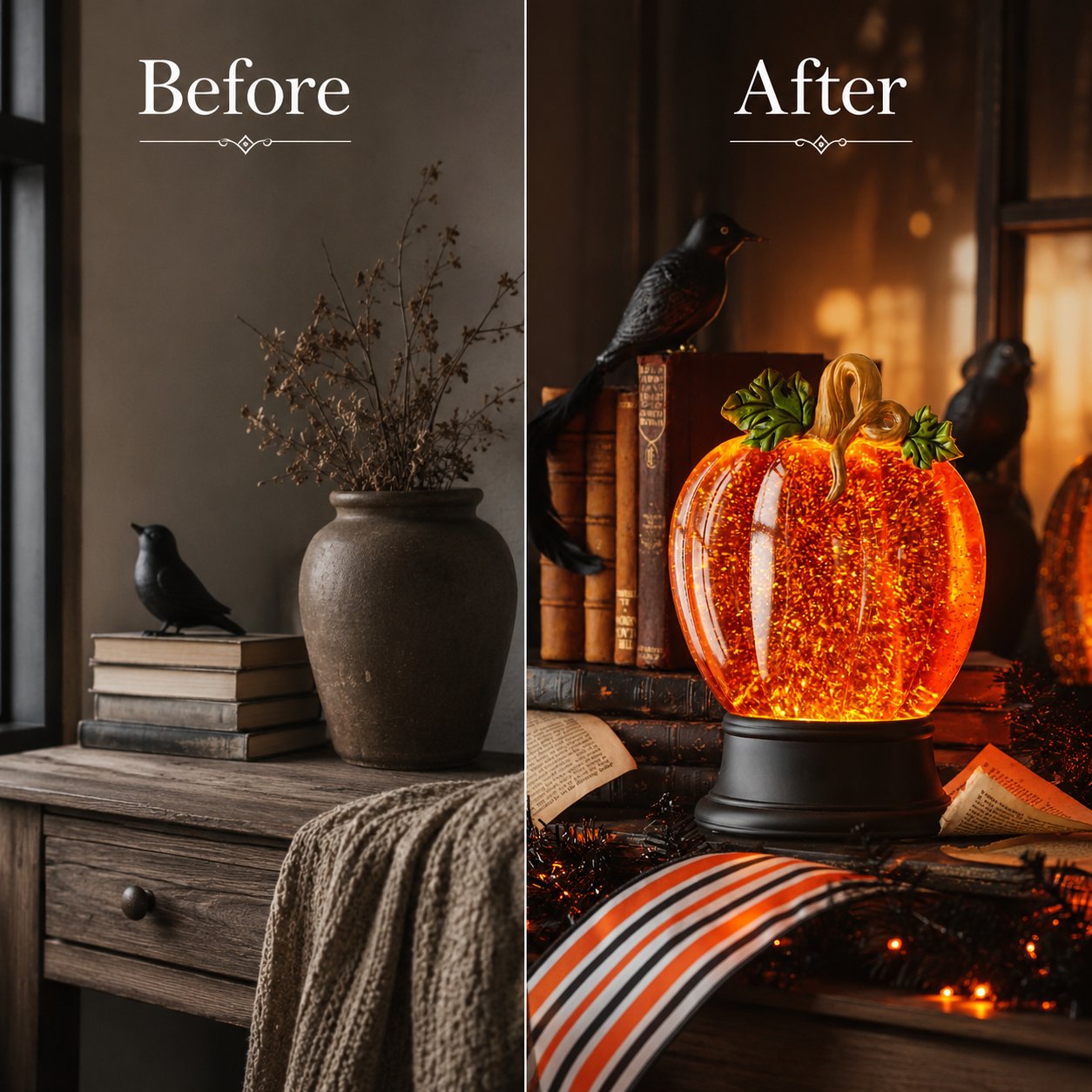 Orange Fall Pumpkin Lighted Glitter Swirl Water Globe