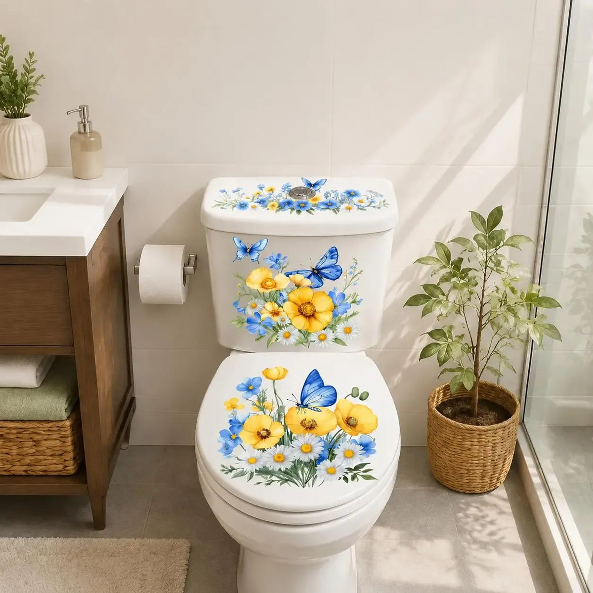 🌸3 Piece Golden Floral Toilet Stickers – Pearl-Inspired Bathroom Decals