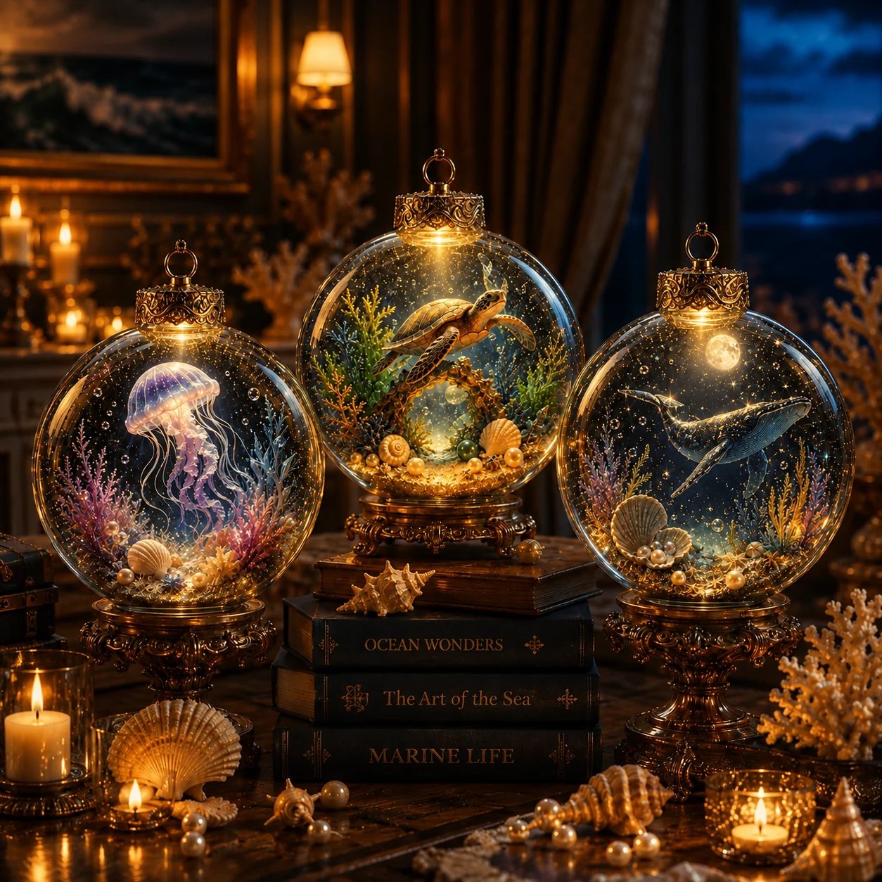 🌊 Ocean Series Illuminated 3D Model Decoration Collection | Clear Display Ornament with Detailed Sea Creatures, Coral, Shell & Pearl-Style Accents ✨