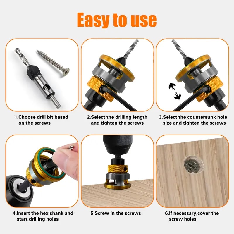 Adjustable Countersink Drill Bit Depth Stop Kit  | 4-Flute Wood Drilling Bits