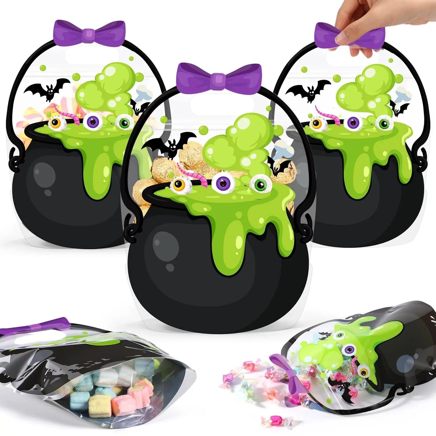 🎃25/50 PCS Halloween Goodie Bags with Handles, Pumpkin Specter Candy Gift Bags, Transparent Trick or Treat Party Favor Bags