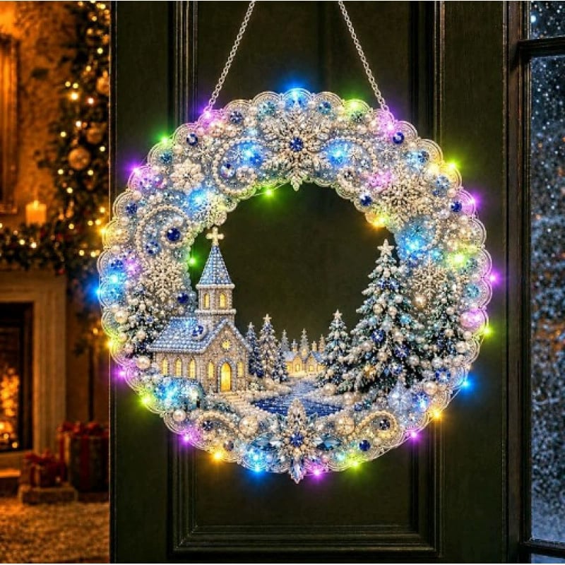 LED Weihnachts-Perlen-Diamantbild – Funkelnde Weihnachtskranz-Dekoration mit 19 Motiven