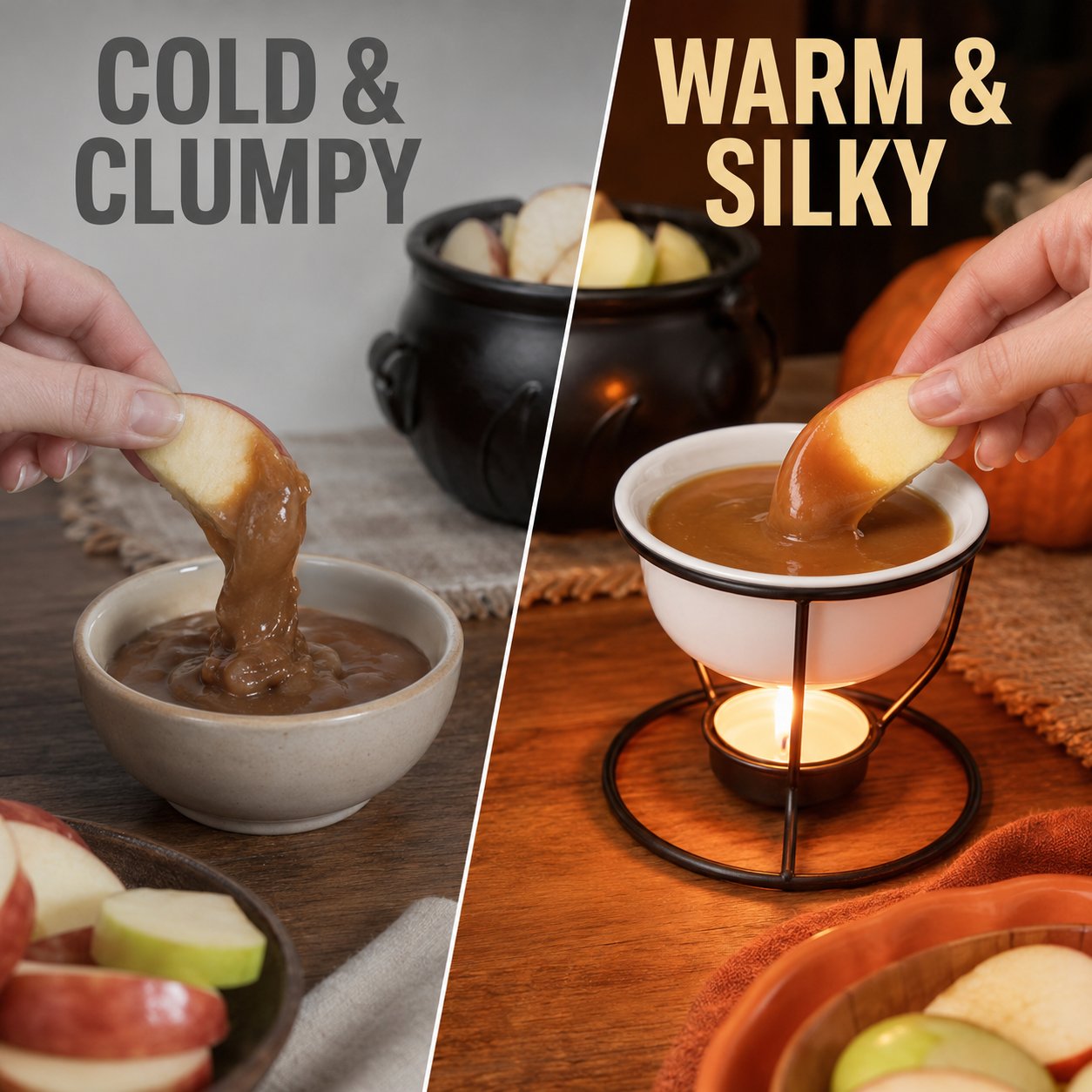 Halloween Caramel Apple Dip Station - Hanging Witch Cauldron & Ceramic Candlelit Fondue Warmer Set