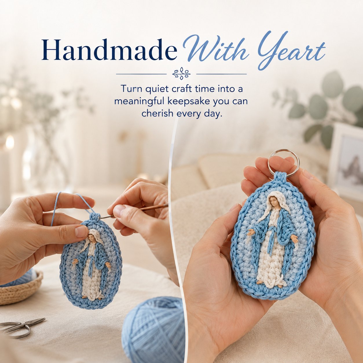 🙏 Handmade Marian Crochet Keychain Keepsake | Soft Blue-and-White Yarn, Raised Oval Crochet Frame & Metal Split Ring 💙✨