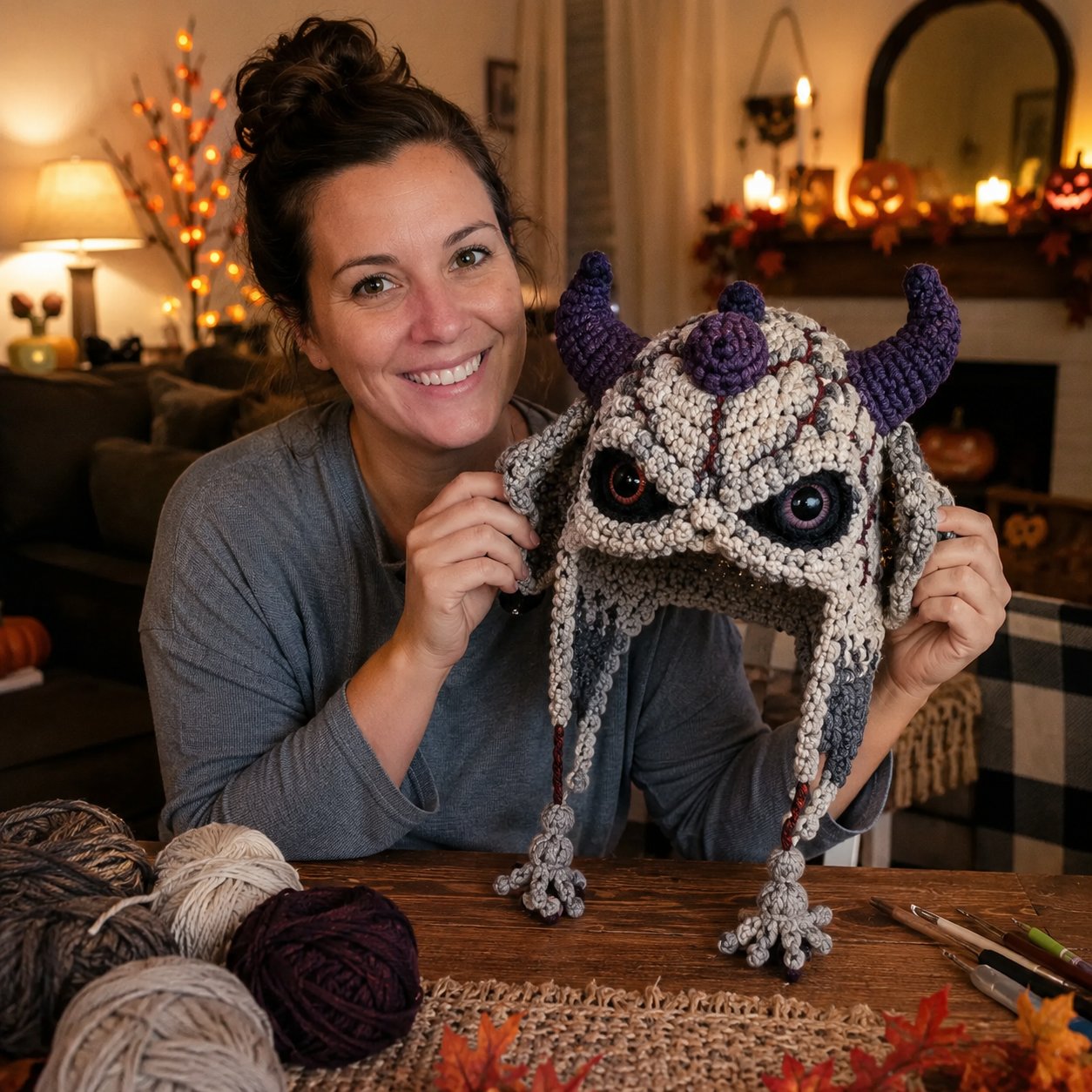 🎃 Halloween Monster Hood DIY Crochet Kit | Premium Soft Yarn Materials with Step-by-Step Guide DIY Handmade Wearable Character Hood 🧶🎭✨