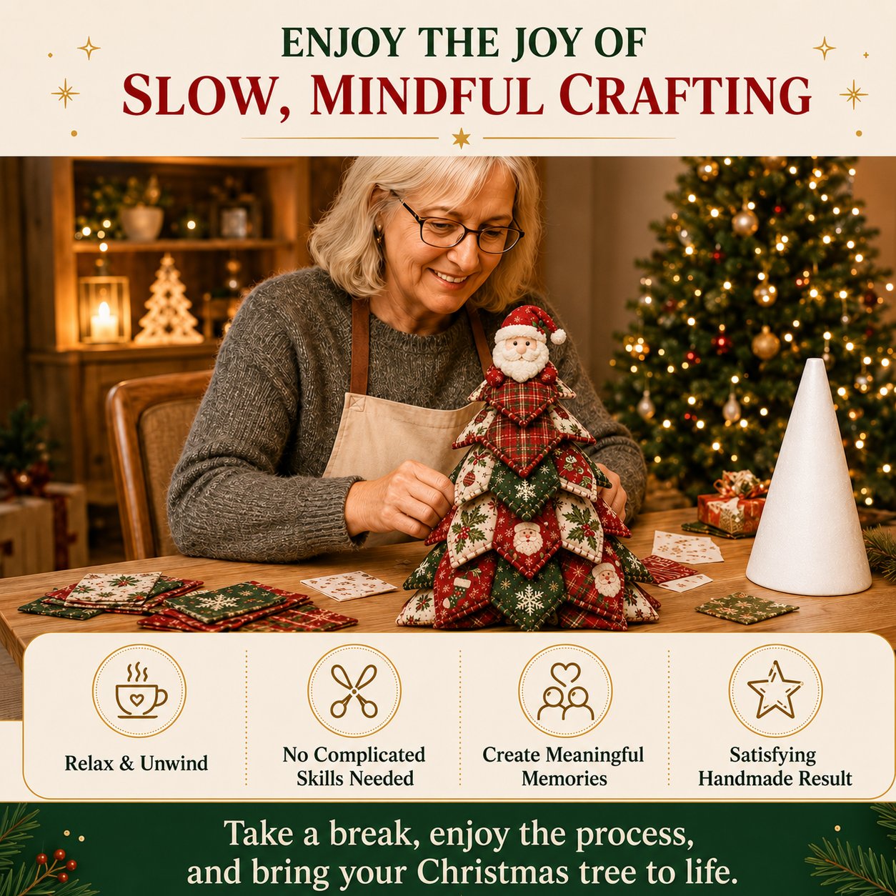 🎄 DIY Quilted Christmas Tree Kit | Layered 3D Tabletop Craft with Pre-Cut Festive Fabrics, Foam Base & Easy Instructions 🧵✨