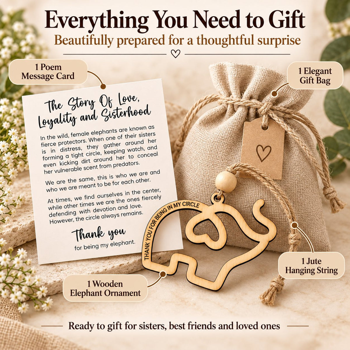 Sisterhood Elephant Wooden Keepsake – Friendship Gift