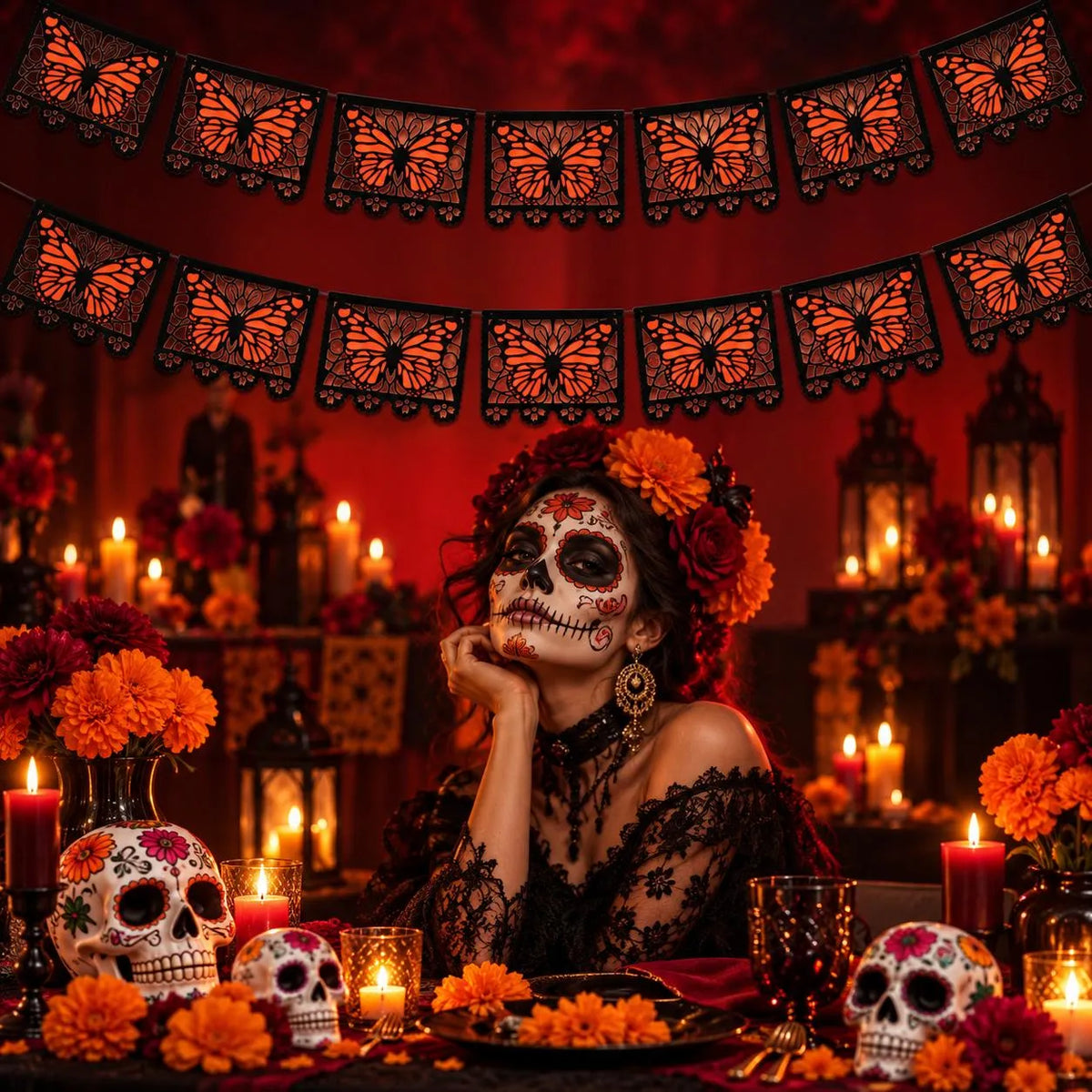 ⏳ Last Day 49% OFF – 🦋 Monarch Butterfly Día de los Muertos Banner | 9.8FT Black & Orange Papel Picado-Style Garland 🌺