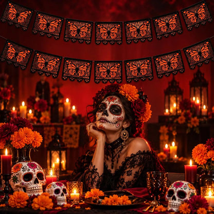 ⏳ Last Day 49% OFF – 🦋 Monarch Butterfly Día de los Muertos Banner | 9.8FT Black & Orange Papel Picado-Style Garland 🌺