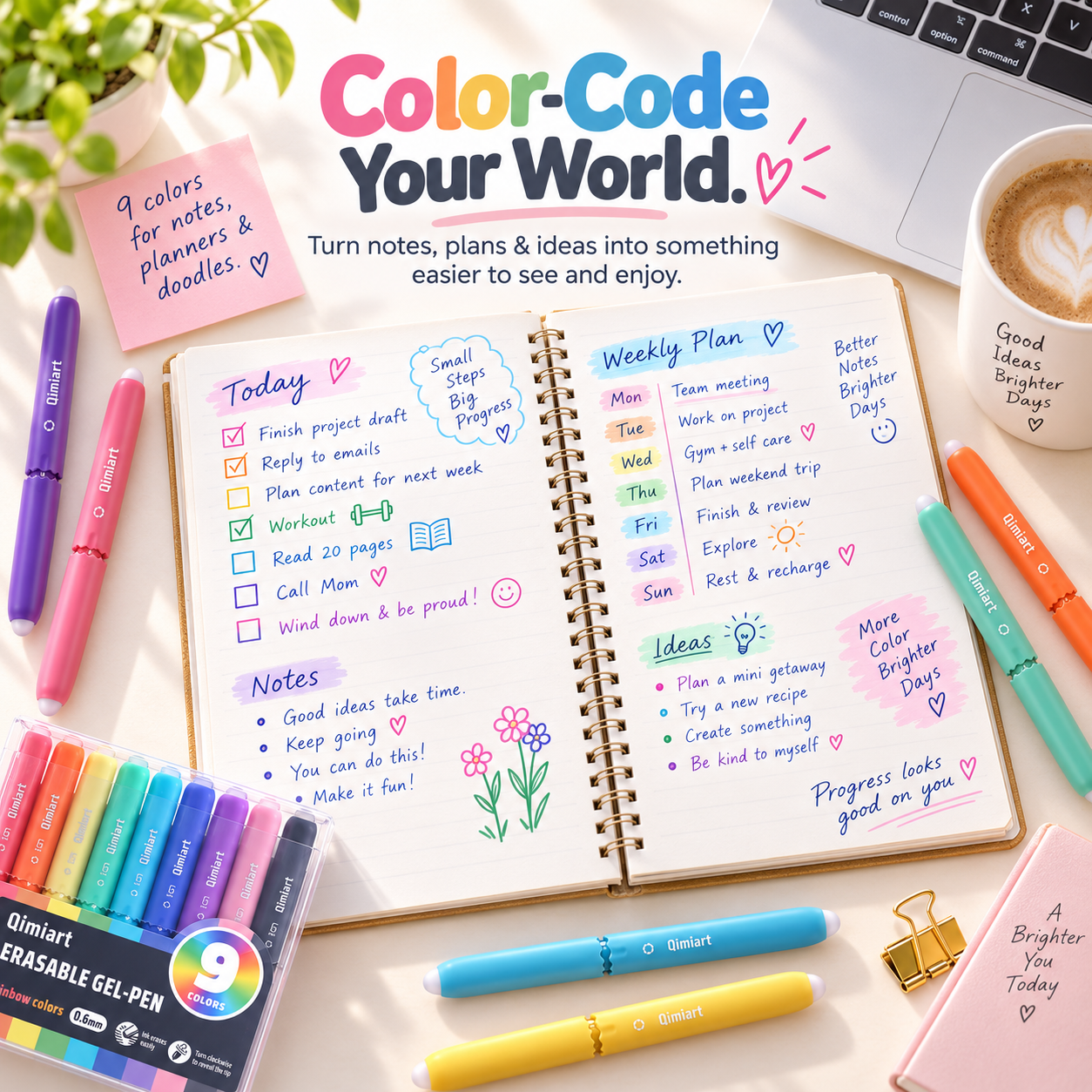 9-Color Erasable Gel Pens Set – Quick-Dry 0.6mm Pens with Built-In Eraser