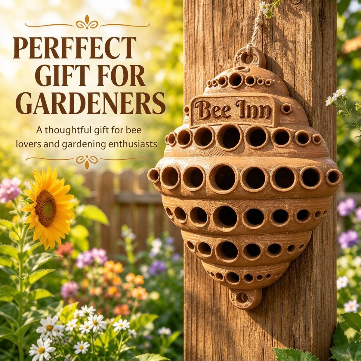 🐝 Bee Inn Hanging Bee Hotel | Rustic Solitary Bee House Pollinator Nesting Shelter for Garden Decor
