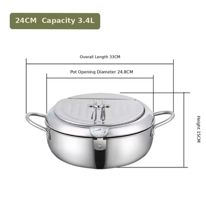 🔥304 Stainless Steel Frying Pot with Thermometer and Oil Drip Drainer Rack