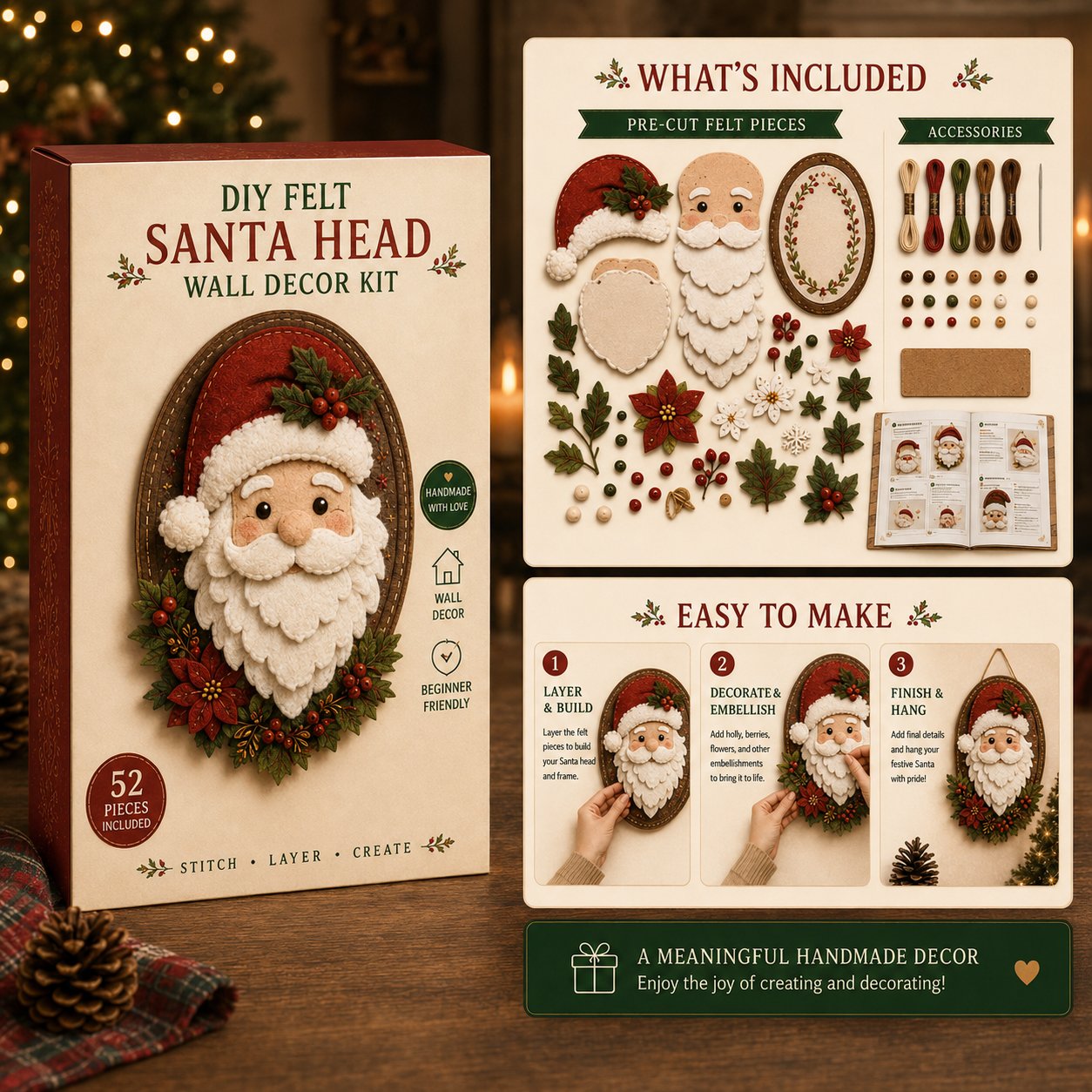 ⏳ Last Day 49% OFF – 🎅 Beginner-Friendly 52-Piece DIY Layered Felt Santa Wall Decor Kit | Complete Kit with All Tools & Step-by-Step Guide Included 💕