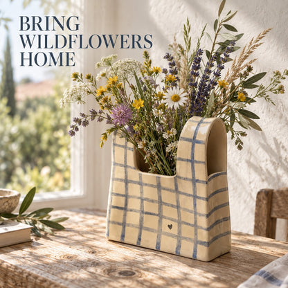 🌼 Handmade Checkered Ceramic Bag Vase