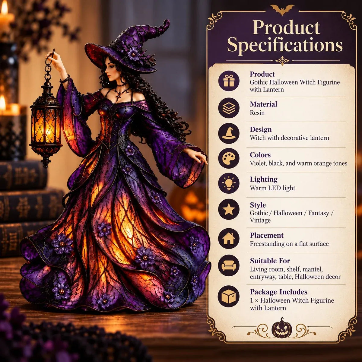 ⏳ Last Day 49% OFF – 🧙 Gothic Witch Lantern Figurine | Warm LED Glow for Shelves, Mantels & Halloween Displays 🎃