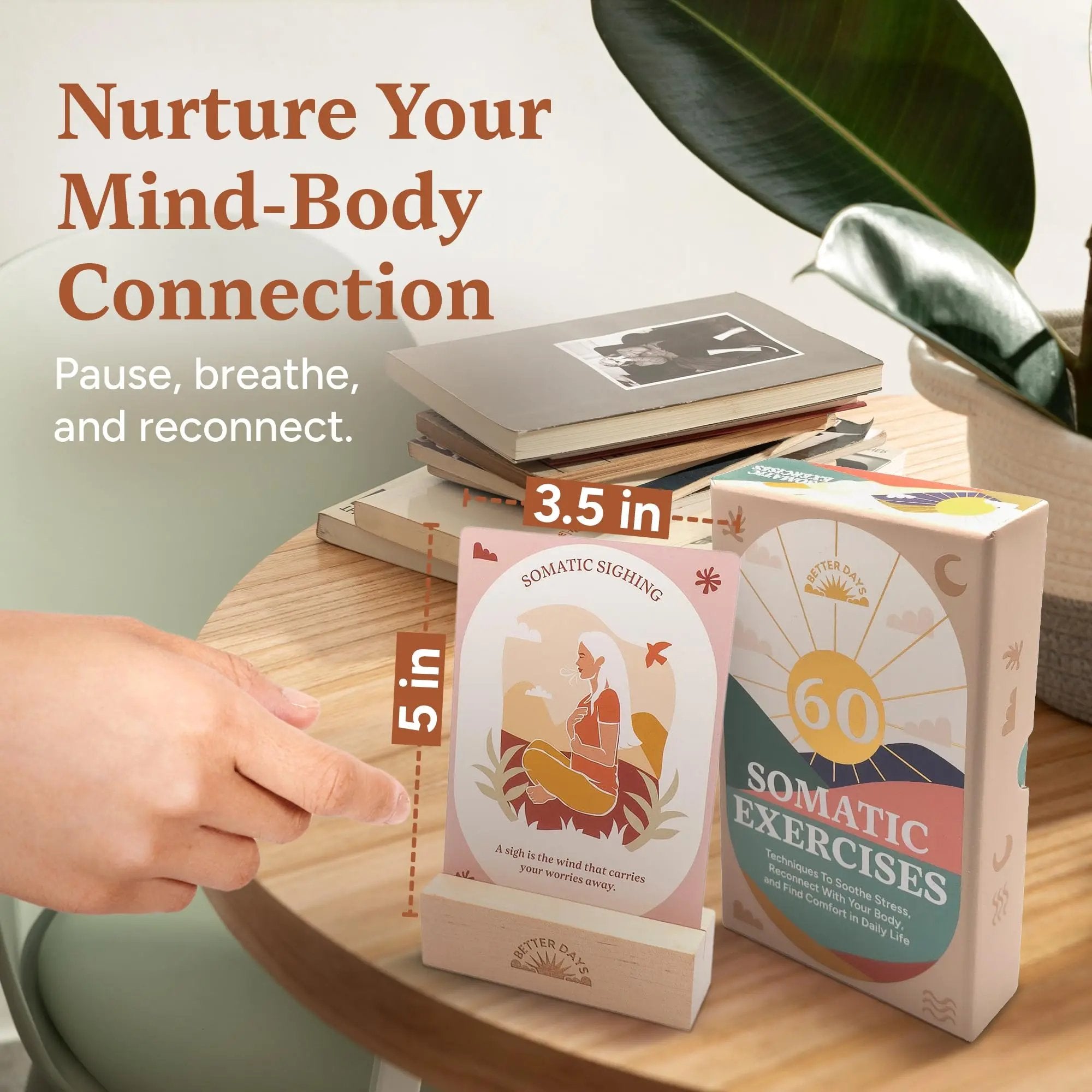 Somatic exercise cards displayed with wooden stand