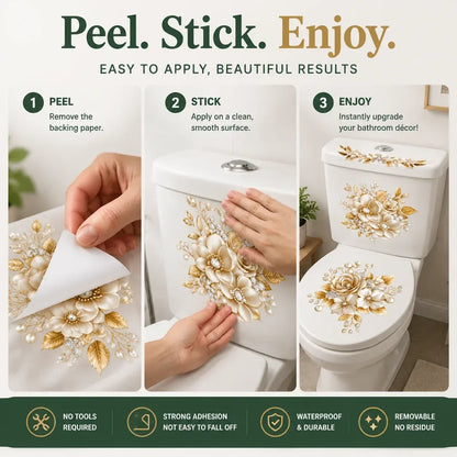 🌸3 Piece Golden Floral Toilet Stickers – Pearl-Inspired Bathroom Decals
