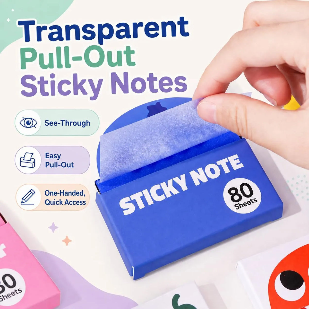 ✍️Rarler Transparent Pull-Out Glitter Sticky Notes - 80 Sheets Per Pad, 50 Reuses Per Sheet, Strong Adhesion, Quality Paper
