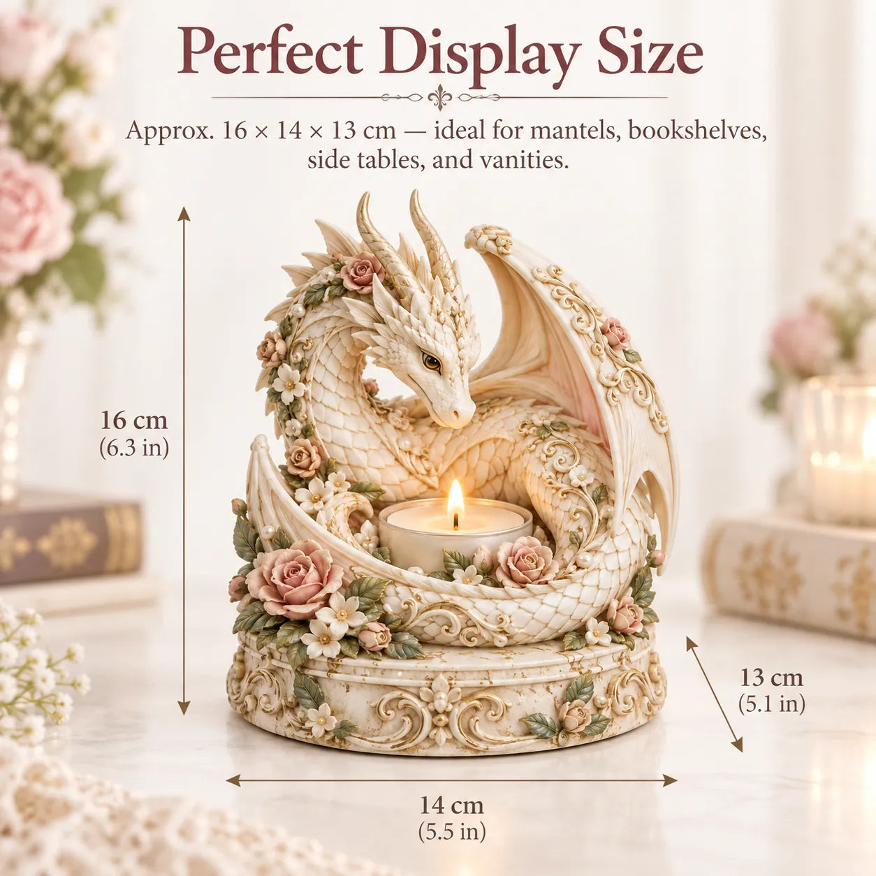 🐉 Floral White Dragon Tea Light Candle Holder