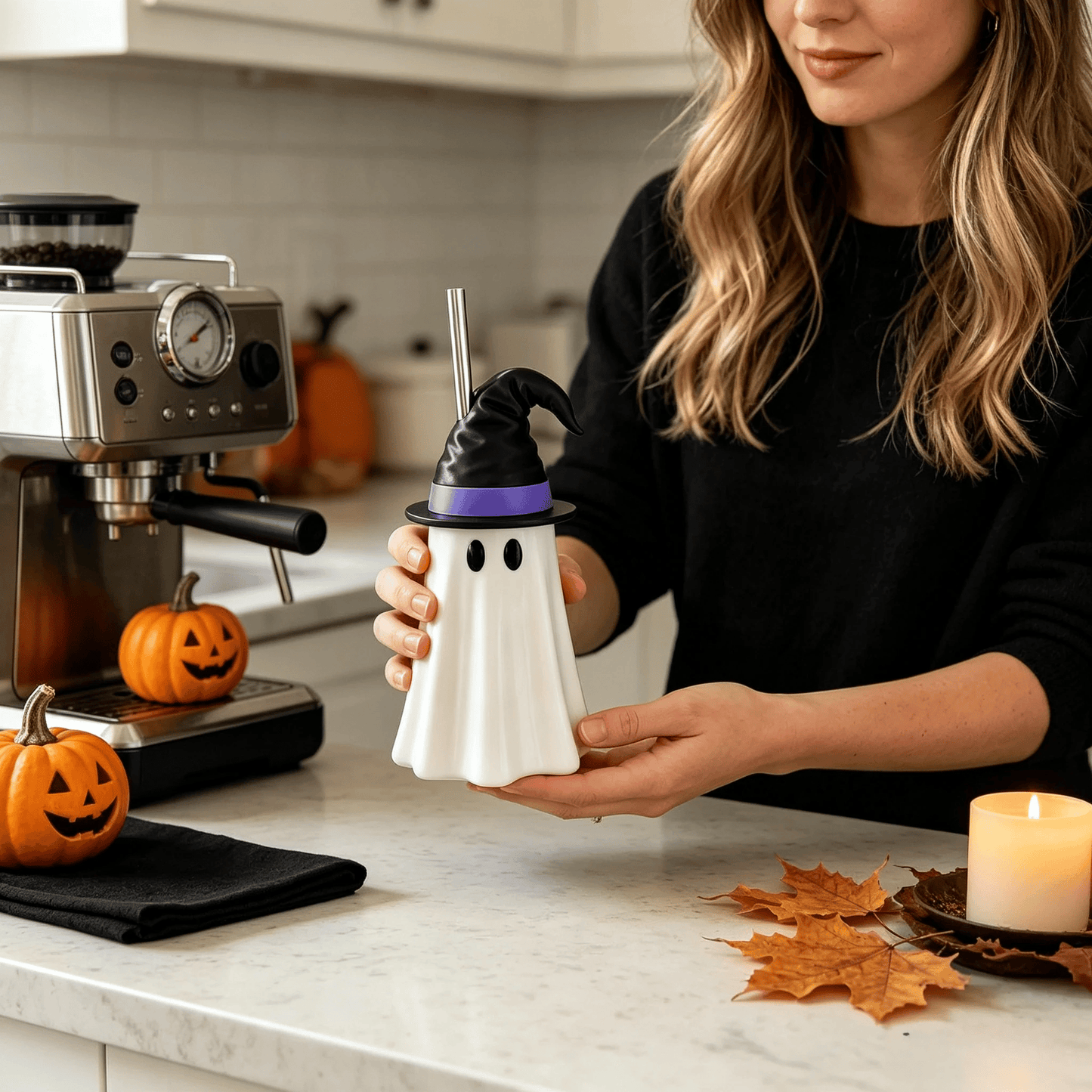 👻 Halloween Ghost Witch Hat Cup – Spooky Drink Bottle Holder with Straw 🎃