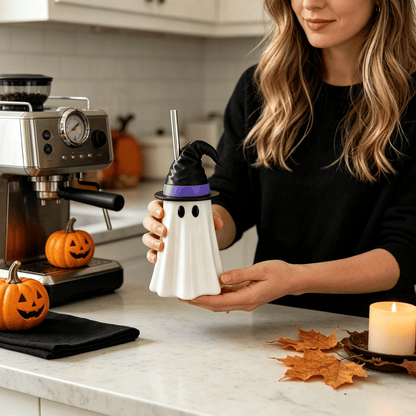 👻 Halloween Ghost Witch Hat Cup – Spooky Drink Bottle Holder with Straw 🎃