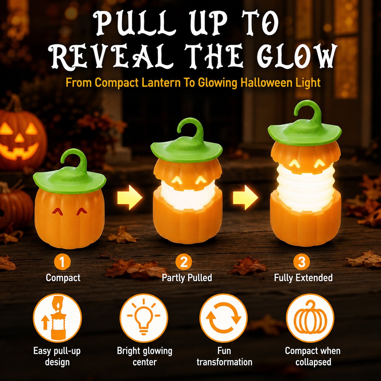 ⏳ Last Day 49% OFF – 🎃 Halloween Pull-Up Light-Up Lantern Collection | Collapsible Character Design with Glowing Center, Carry Loop & Compact Telescoping Body 👻✨