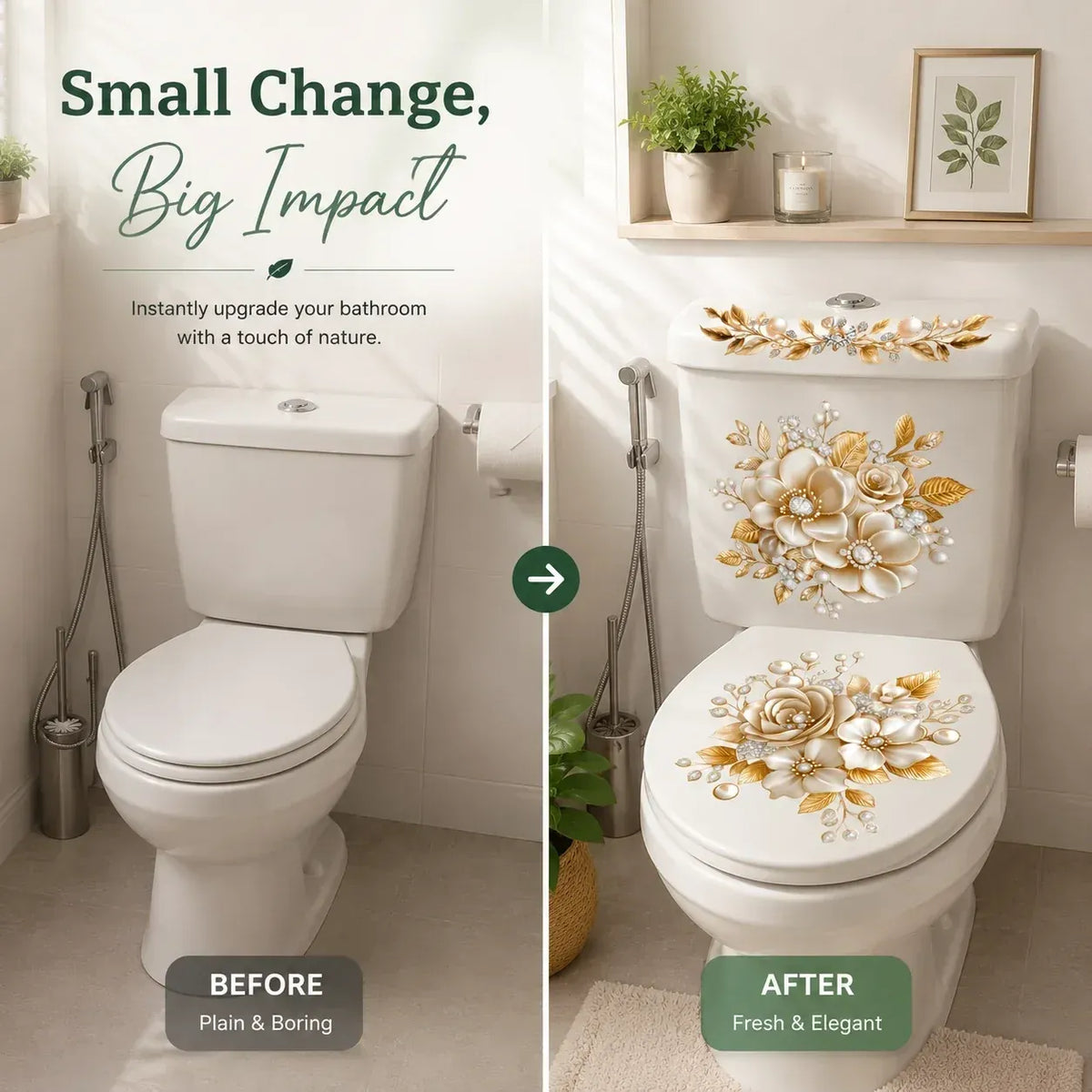 🌸3 Piece Golden Floral Toilet Stickers – Pearl-Inspired Bathroom Decals