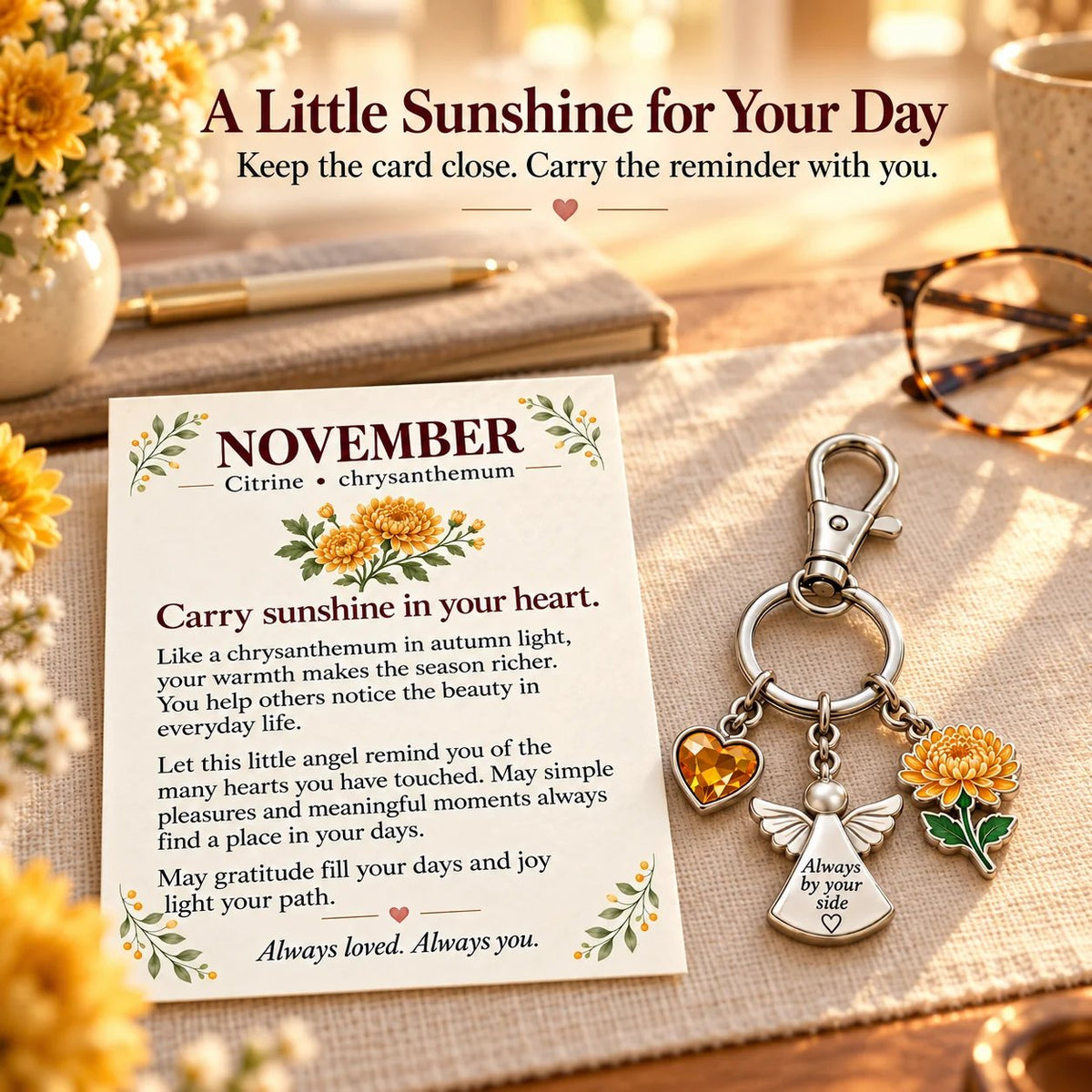 🔥LAST DAY 50% OFF - 👼 Always By Your Side: Birth Month Angel & Flower Keychain + Keepsake Card 🌸