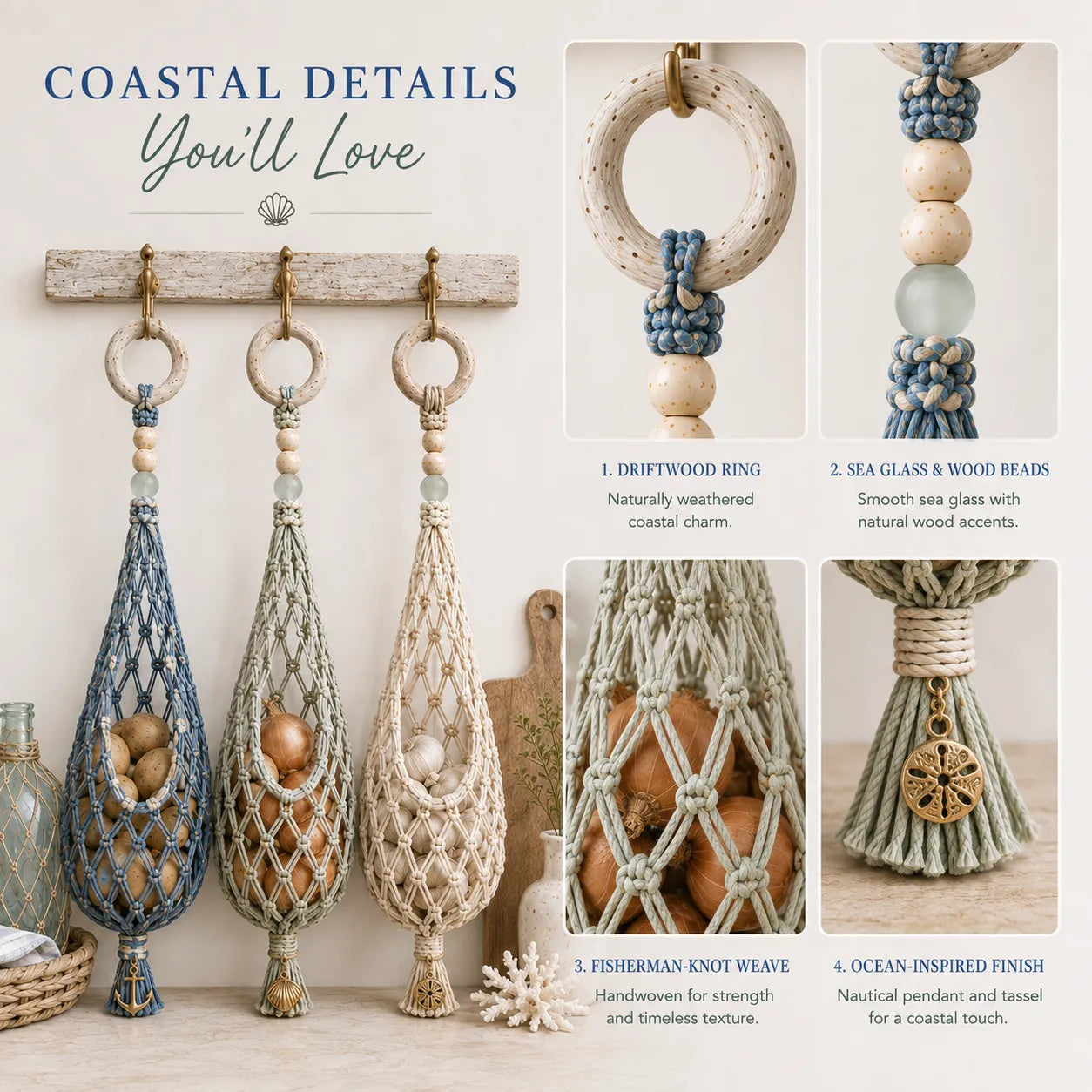 🌊 🥔 Coastal Hanging Produce Storage – Handwoven Breathable Organizer with Easy Side Access