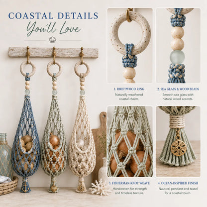 🌊 🥔 Coastal Hanging Produce Storage – Handwoven Breathable Organizer with Easy Side Access