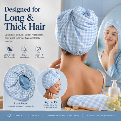Gingham Blue Satin Lined Flexi Shower Cap