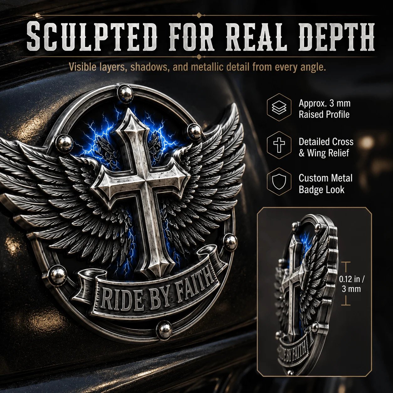 🏍️Ride By Faith Winged Cross Metal Emblem