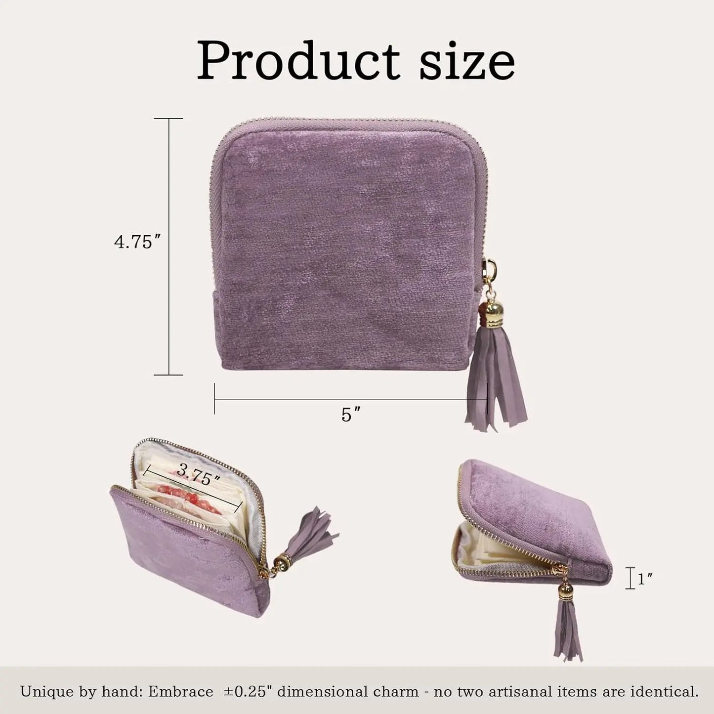 2 PCS jewelry zippered pocket case Travel Jewelry Bag Portable Organizer with 5 Compartments Velvet Satin Lining Tassel Zipper