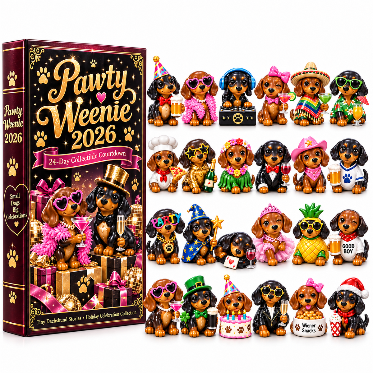 Pawty Weenie 2026 – 24-Day Dachshund Celebration Countdown Calendar with 24 Unique Collectible Miniatures, Fun Christmas Gift for Wiener Dog Lovers