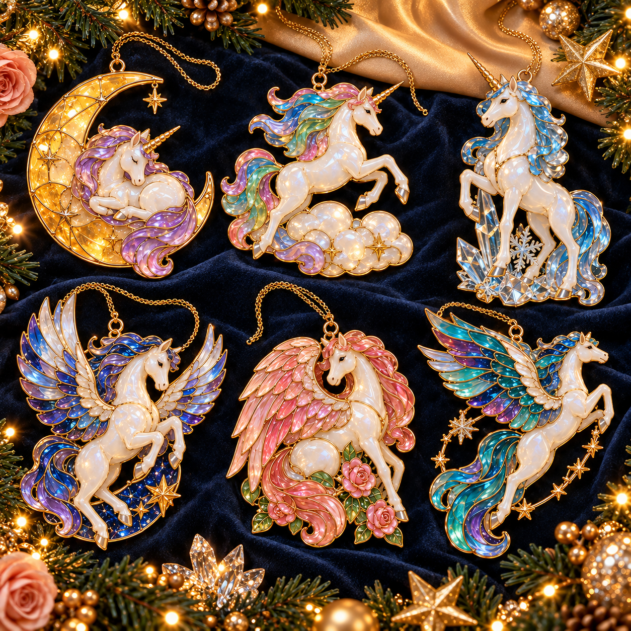 Six colorful unicorn and pegasus ornament designs