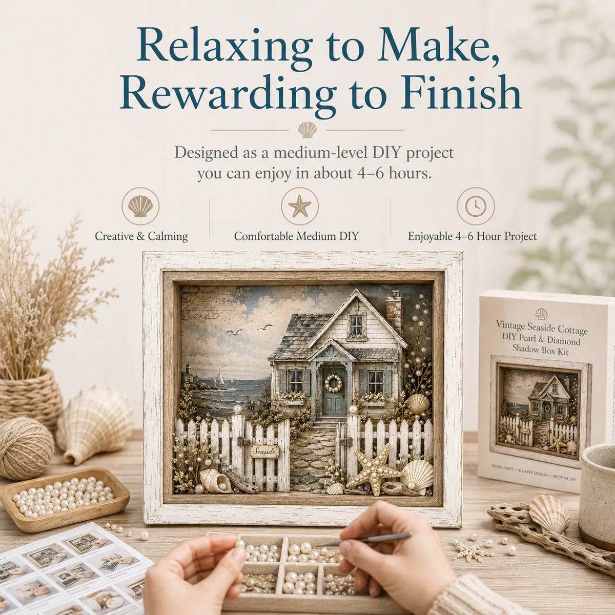 🐚Vintage Seaside Cottage Pearl Diamond Shadow Box DIY Kit