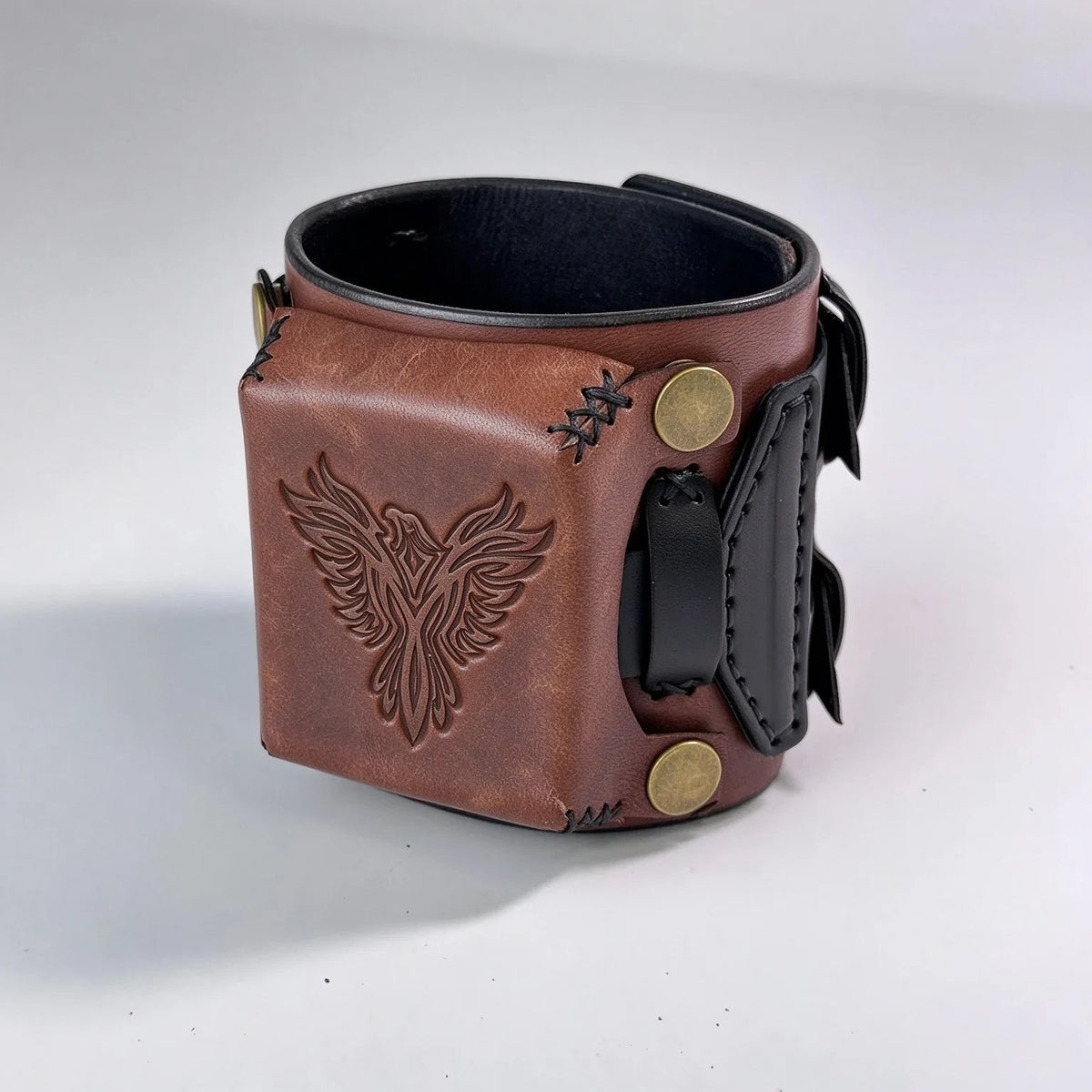 Leather Cuff Watch Strap with Personalized Flap, Brown Wide Handmade Watch Band for Apple