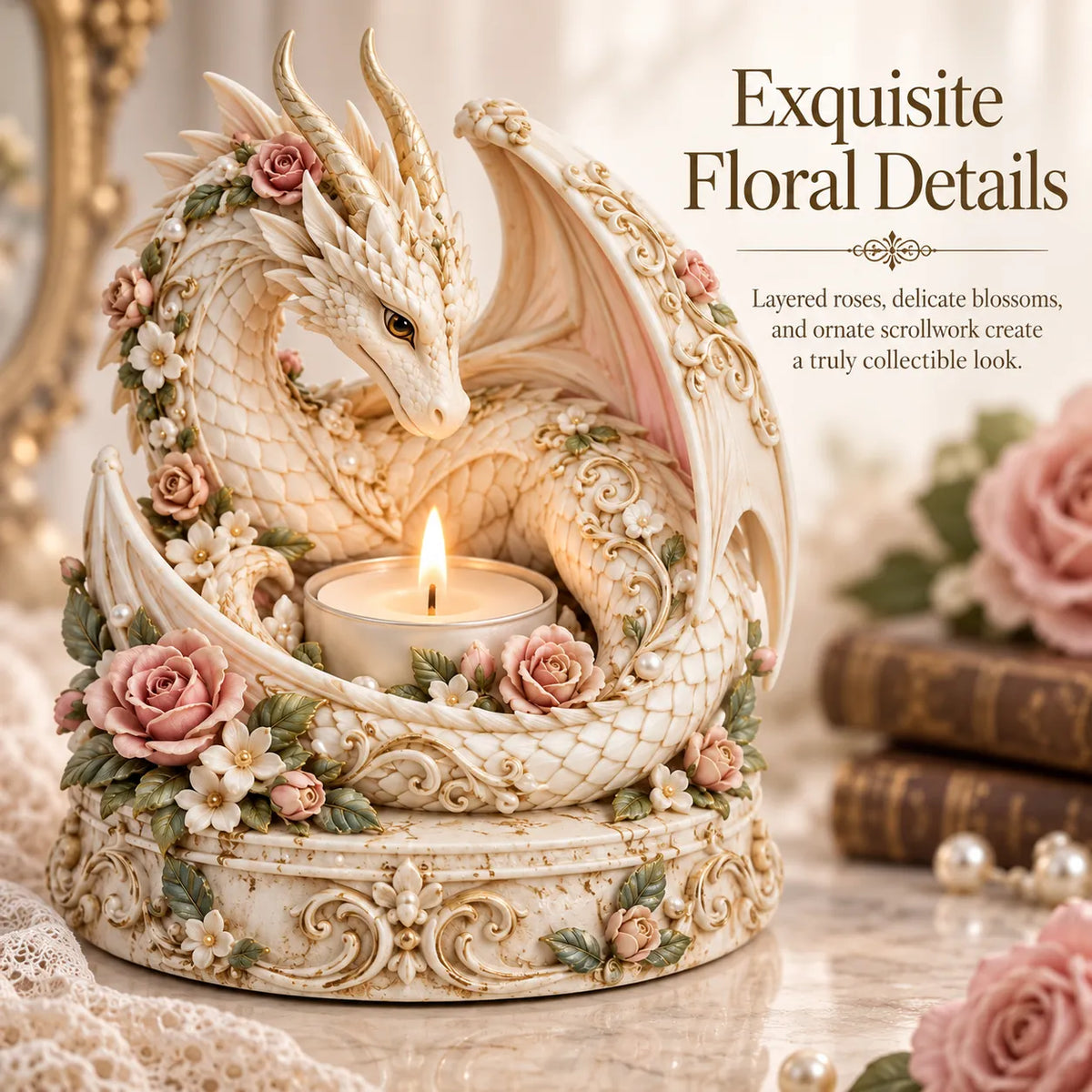 🐉 Floral White Dragon Tea Light Candle Holder