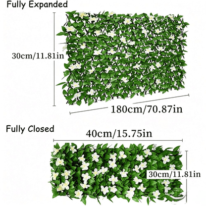 📍Extendable Simulation Rattan Fence with White Flowers Decorating Green Leaves, Stretchable Folding Design, Privacy Shielding Courtyard Balcony Walls, Artificial Green Plants