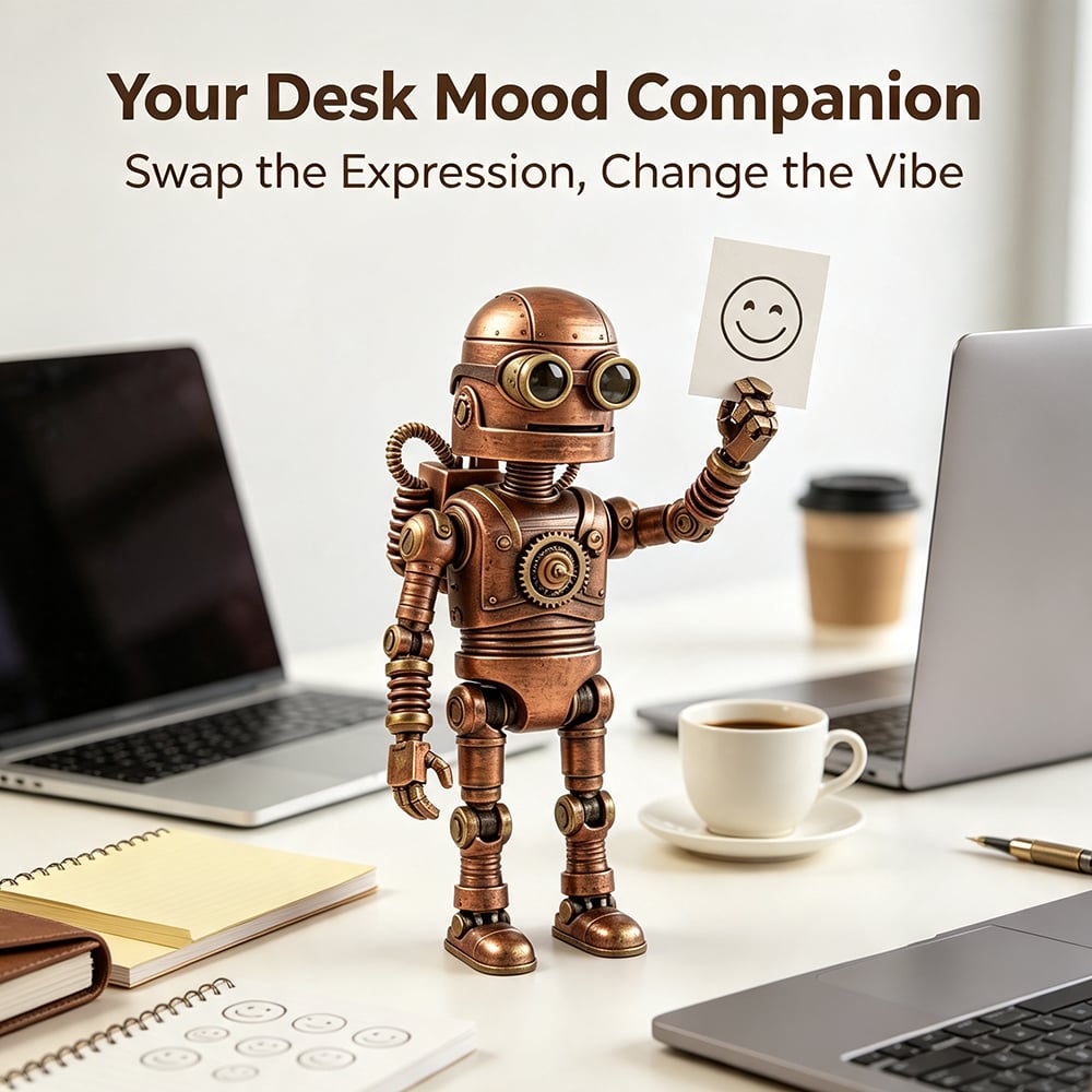 🤖 Steampunk Mood-Bot Desk Robot | Swapable Mood Card Desk Ornament For Office & Study Desktop Decor