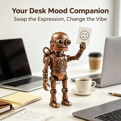 🤖 Steampunk Mood-Bot Desk Robot | Swapable Mood Card Desk Ornament For Office & Study Desktop Decor