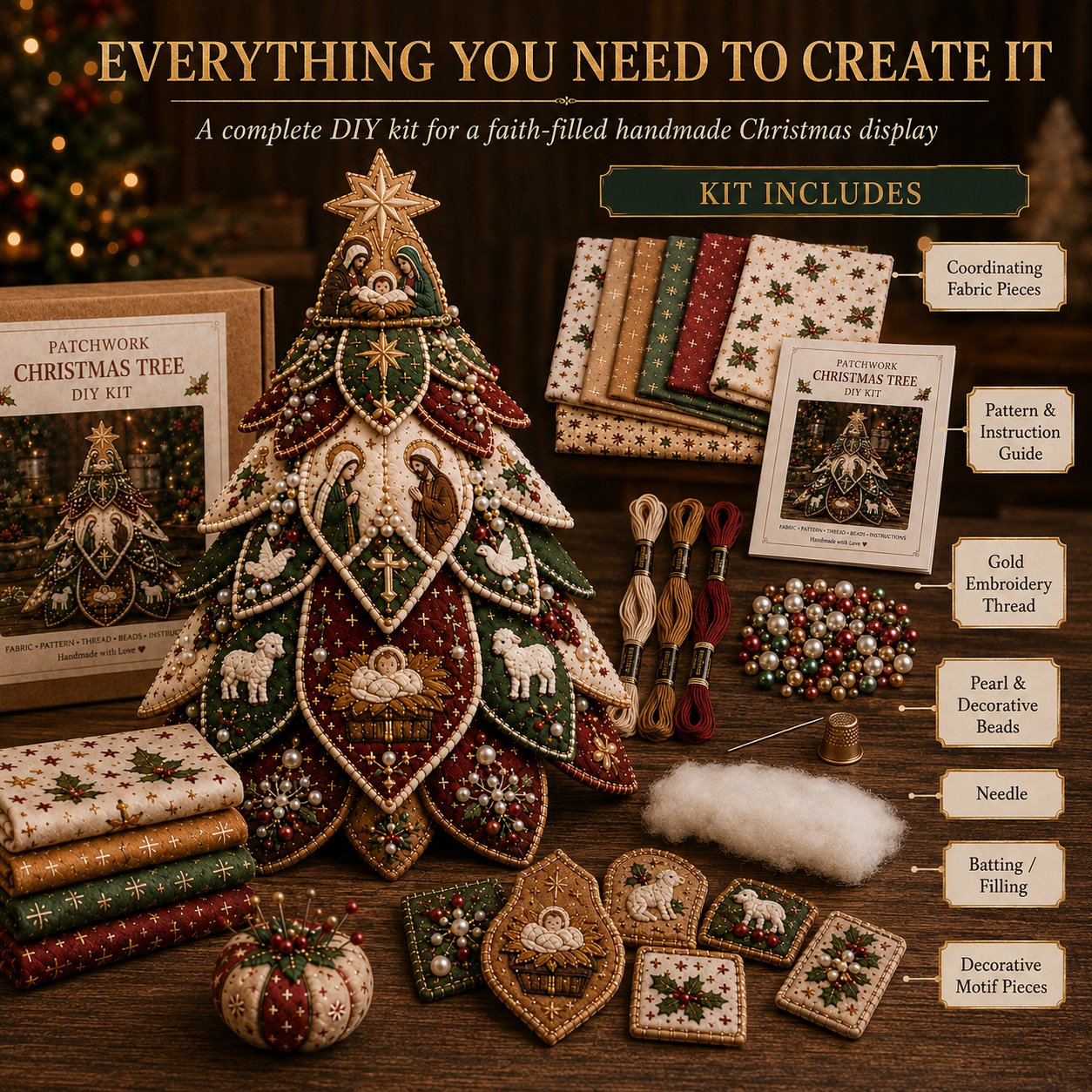 ⏳ Last Day 49% OFF – ✝️ Beginner-Friendly Tree of Faith 3D Quilted Christmas Tree Sewing Kit | Complete Kit with Coordinated Fabrics, Beads & Step-by-Step Guide Included 💕