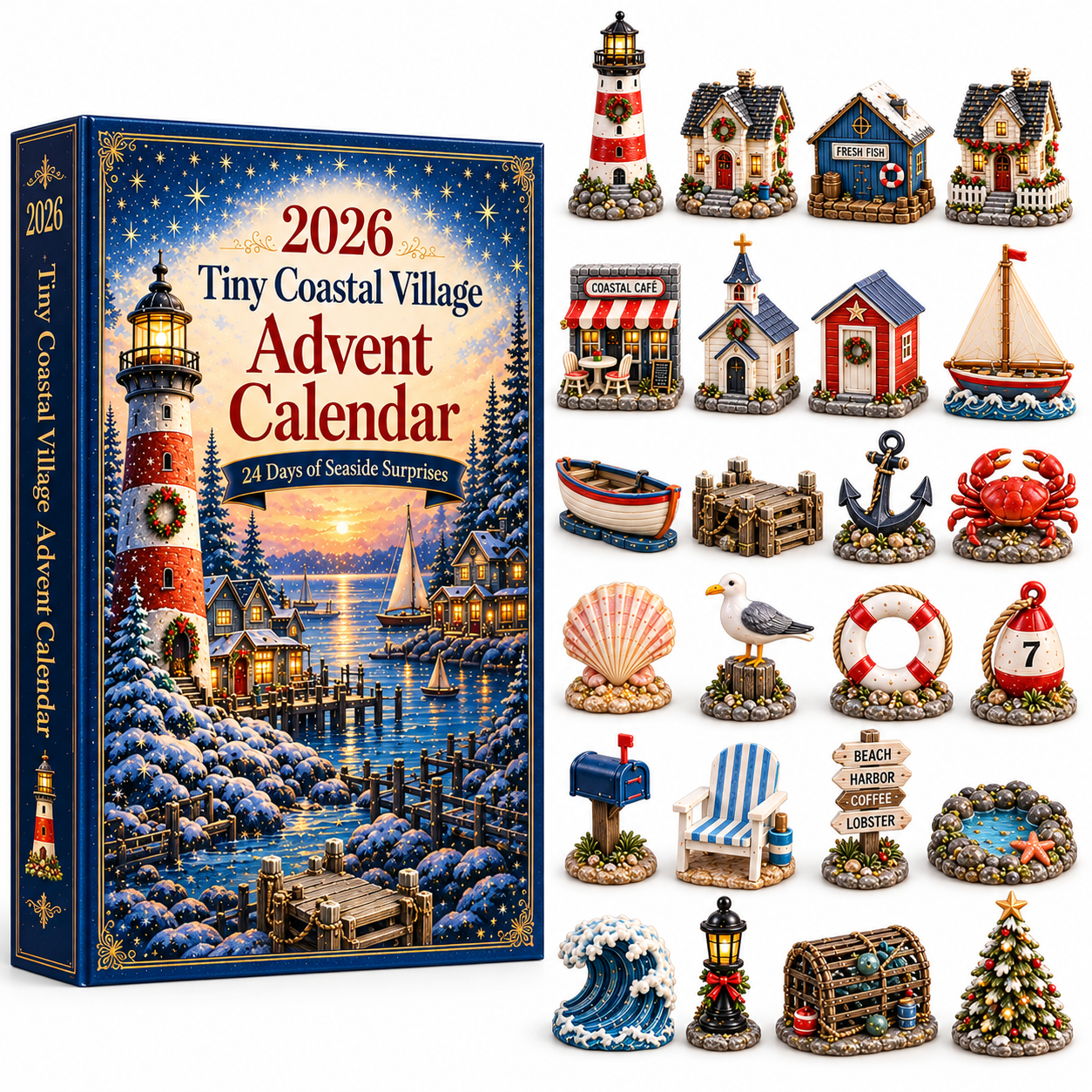 Tiny Coastal Village Advent Calendar 2026 – 24 Days of Seaside Surprises with 24 Unique Collectible Miniatures, Lighthouse & Harbor Christmas Gift for Coastal Lovers